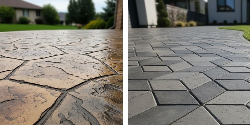 Stamped concrete driveway with decorative patterns in a landscaped residential yard