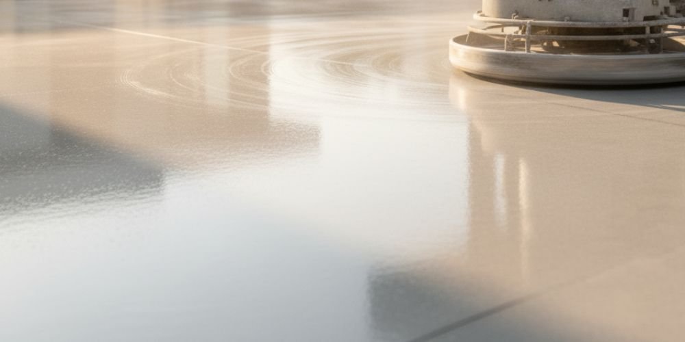Concrete being poured and power-troweled during a floor installation