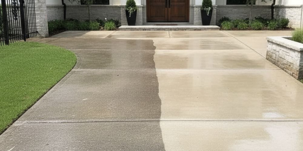 Freshly cleaned and sealed concrete driveway in front of a home