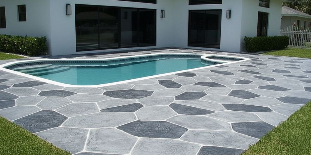 Concrete pool deck surrounding a swimming pool in a modern backyard